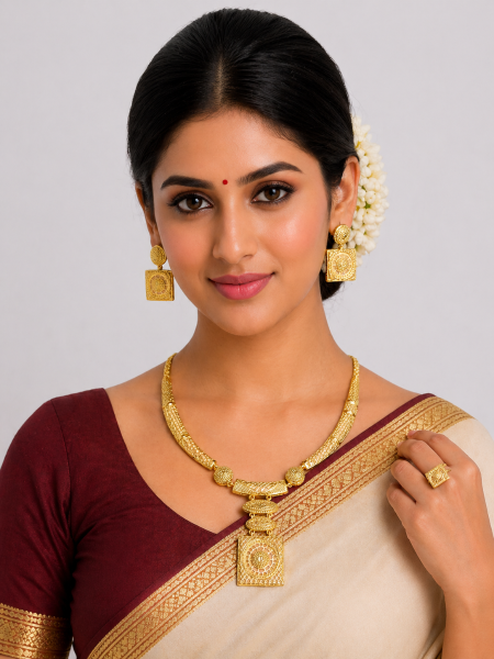 Gold plated necklace with earring & ring set