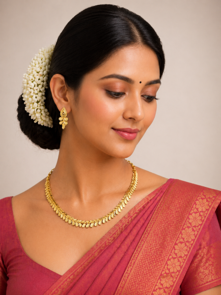 Gold plated necklace set in leaf design