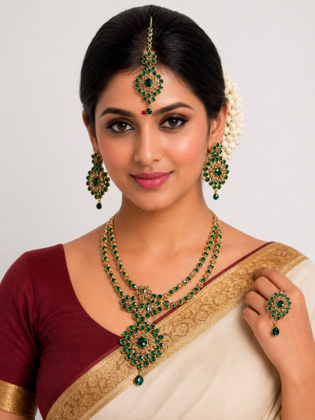 Neckalace with earring with green colour stones