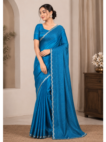  Royal Blue Embellished Soft Silk Saree with Matching Blouse Piece