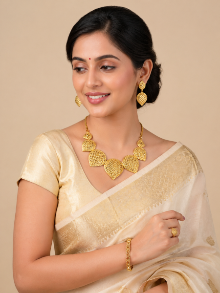 Gold plated leaf net design with matching earring and ring