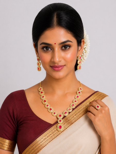 designer Neckalace and earring with white and pink stones AD-NE-15