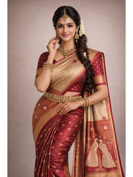Premium Silk Blend Printed Saree with Contrast Border & Oxblood Maroon Blouse &ndash; Champagne Gold | Festive & Occasion Wear