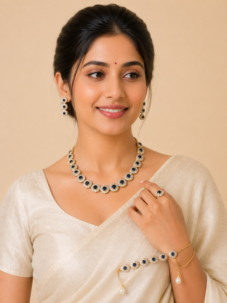 Imitation Neckalce set with white Ad and Blue Stones