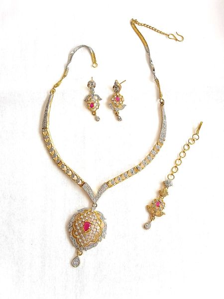 Imitation/Neckalce with White AD and Pink Stones