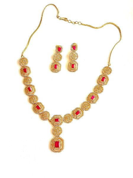 designer Neckalace and earring with white and pink stones AD-NE-15