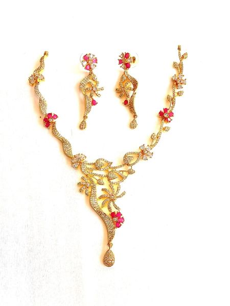 Neckalace and earring with white and pink stones AD-NE-22