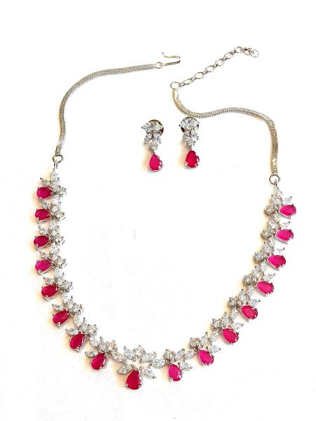 Silver color Neckalace with white and pink stones