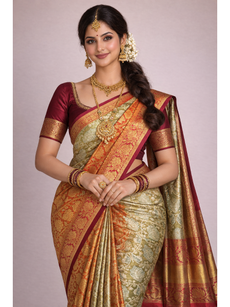 Silk Blend Printed Saree with Contrast Border & Oxblood Maroon Blouse – Terracotta Rose & Pistachio Cream | Festive Wear