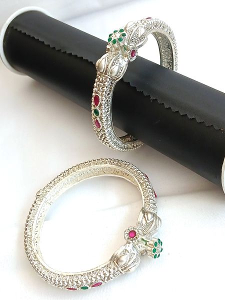 Silver Bangle with green and pink Stones