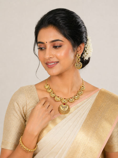 Less design with net + white & red stone mix necklace set
