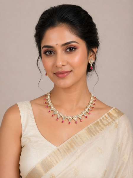 Neckalace and earring with white and pink stones
