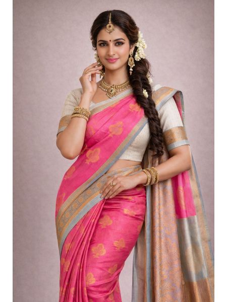 Silk Blend Printed Saree with Contrast Border & Mother of Pearl Blouse &ndash; Ros&eacute; | Festive & Occasion Wear