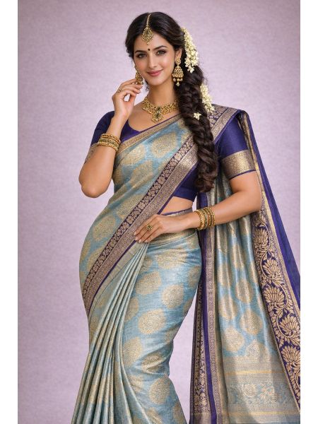 Smoky Sapphire Silk Blend Saree with Contrast Border & Midnight Sapphire Blouse Piece | Printed Festive Wear Saree for Women