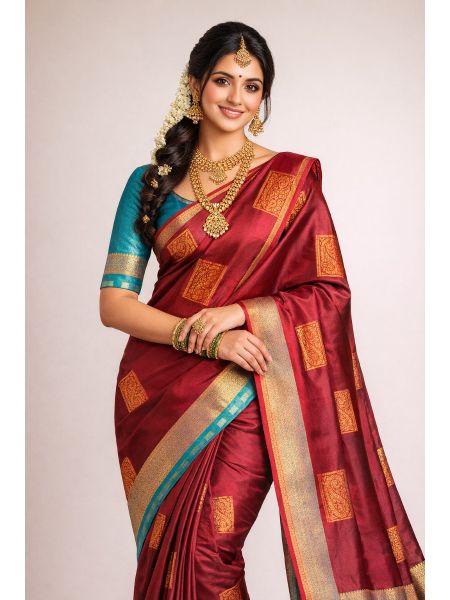 Silk Blend Printed Saree with Contrast Border & Persian Aquamarine Blouse – Oxblood Maroon | Festive & Occasion Wear