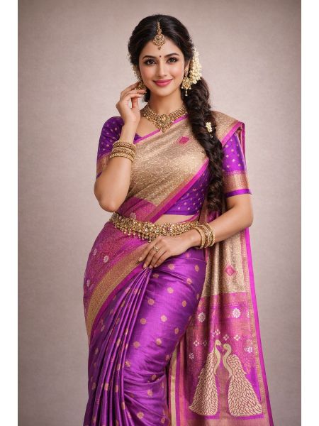 Premium Silk Blend Printed Saree with Contrast Border & Solar Violet Blouse – Amethyst Violet | Festive & Occasion Wear