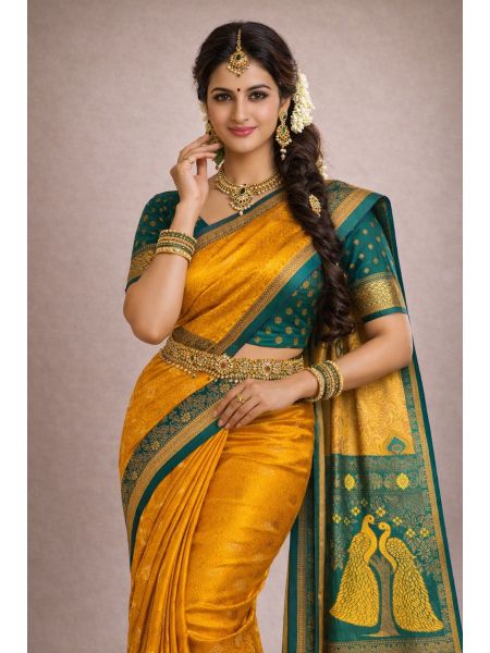 Premium Silk Blend Printed Saree with Contrast Border & Deep Sea Emerald Blouse &ndash; Solar Gold | Festive & Occasion Wear