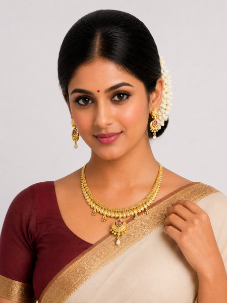 Gold plated necklace set with pink and white stone