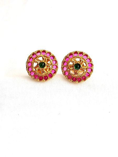 Imitation Earring with green and pink stones-EAR-R-E-5