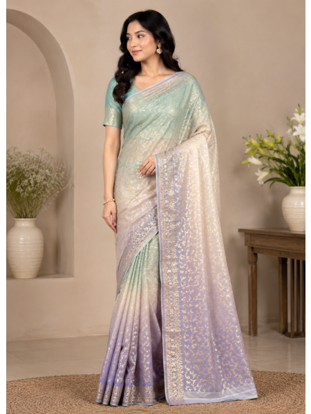 Mint Green & Lavender Ombre Soft Silk Saree with Matching Blouse Piece