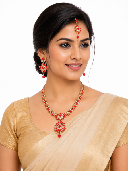 Neckalce with earring and red colour stones ST-NE-07