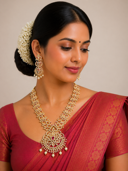 Designer Neckalace and earring with white stones and pearls