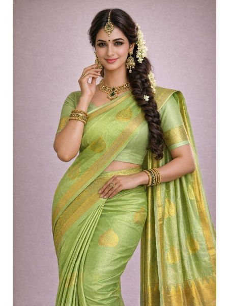 Silk Blend Printed Saree with Contrast Border & Matching Blouse &ndash; Pistachio Cream | Festive & Occasion Wear