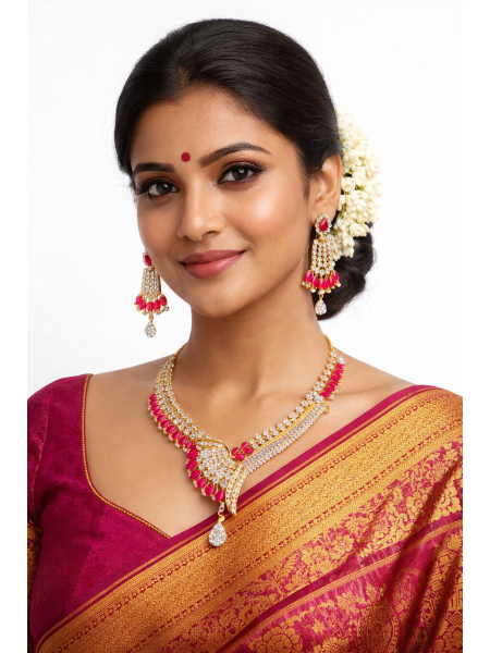 Imitation Neckalace with white AD and Pink stones