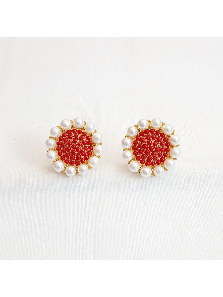 tiny red stone with pearl outer flower earing