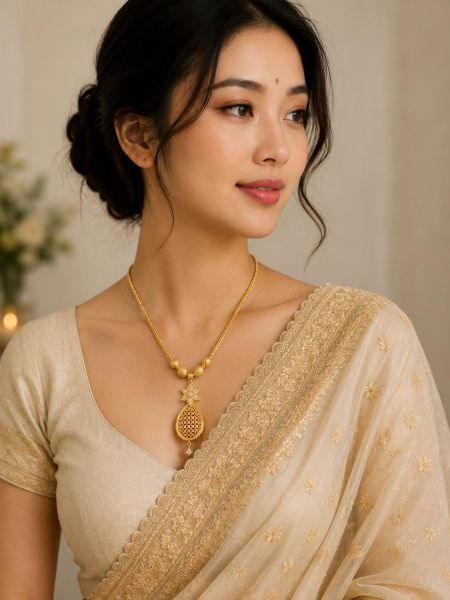 Elegant gold-tone necklace featuring a delicate floral pendant with intricate detailing. Perfect for adding timeless elegance to both everyday wear and special occasions.