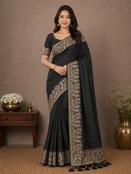 Elegant Black Embroidered Saree with Matching Blouse