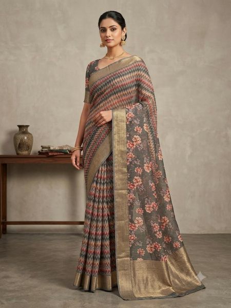 Elegant Floral Print Saree with Metallic Border. Cotton Saree