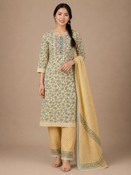 Elegant Floral Cotton Salwar Suit with Matching Dupatta