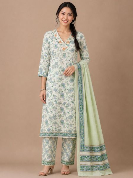 Elegant White Floral Cotton Salwar Suit with Matching Dupatta