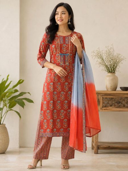 Elegant Rust Red Floral Cotton Salwar Suit with Matching Dupatta