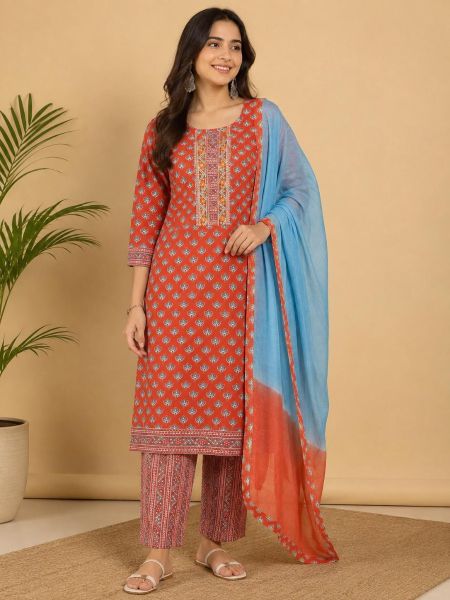 Elegant Brick Red Cotton Salwar Suit with Matching Sky Blue Dupatta