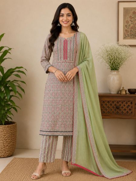 Elegant Grey & Pink Printed Cotton Salwar Suit with Matching Green Dupatta