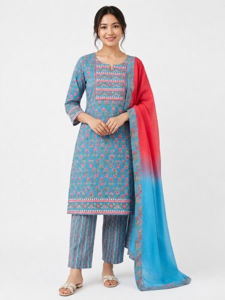 Elegant cotton salwar suit with floral prints, matching pants, and a stylish ombr&eacute; dupatta&mdash;perfect for everyday and festive wear.