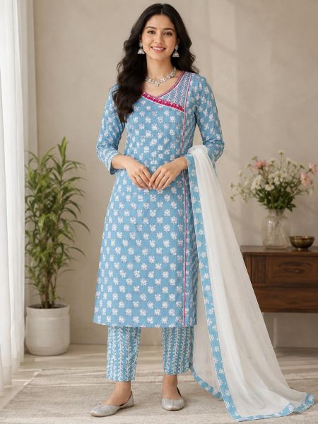 Elegant Sky Blue Printed Cotton Salwar Suit with Matching Dupatta