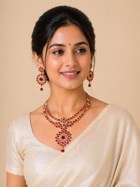 Neckalace and earring with red colour stones