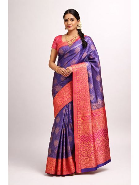 Silk Blend Printed Saree for Women | Cosmic Indigo with Contrast Border | Festive & Occasion Wear | Includes Ros&eacute; Blouse Piece