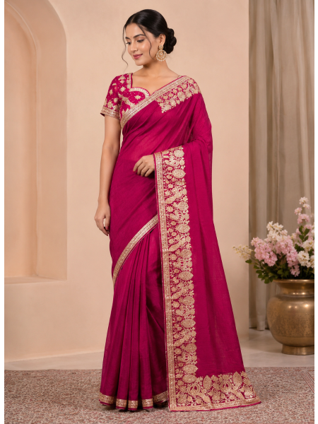 Magenta Soft Raw Silk Saree with Matching Embroidered Blouse Piece