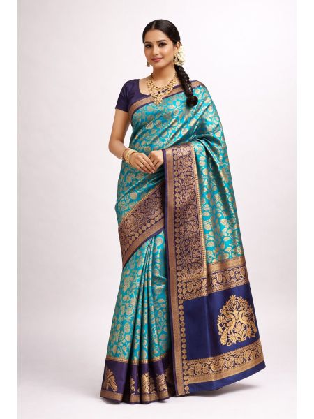 Silk Blend Printed Saree for Women | Persian Aquamarine with Contrast Border | Festive & Occasion Wear | Includes Midnight Sapphire Blouse Piece