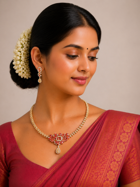 Neckalace and earring with white and pink stones AD-NE-24