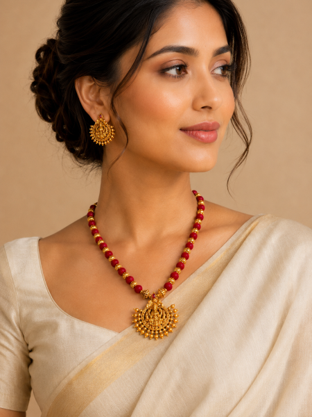 Antique gold temple necklace with red beads and matching earrings.
