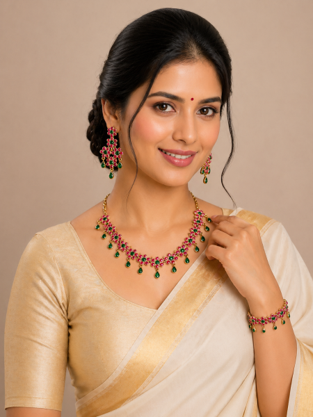 Neckalace and earring with green and pink color stones