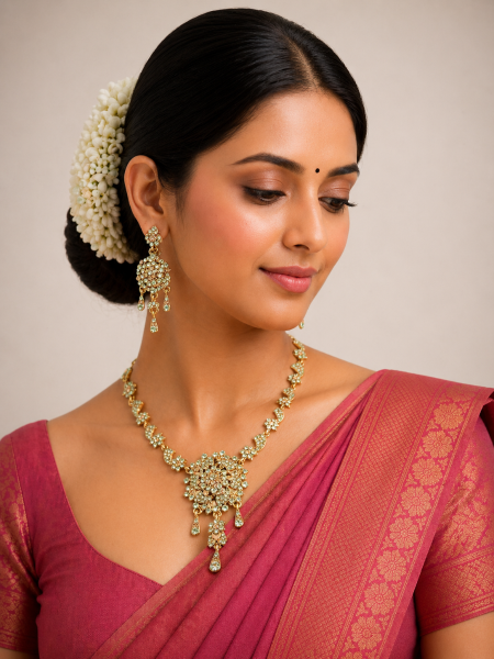 Neckalace and earring with light green stones