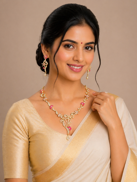 Neckalace and earring with white and pink stones AD-NE-22