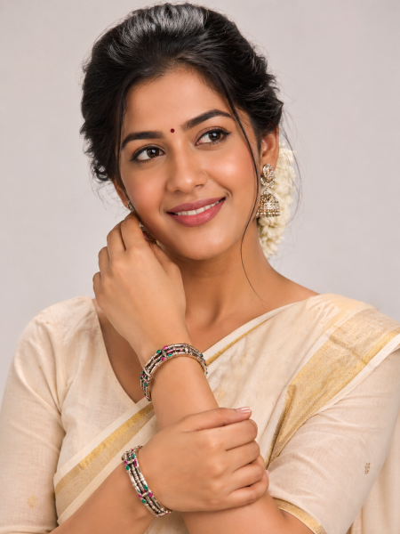 Silver colour designer bangles with green/pink stones
