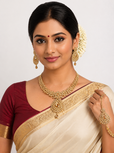 Neckalace with earrings with gold color stones